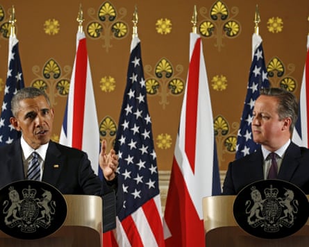 Barack Obama and David Cameron at a press conference.