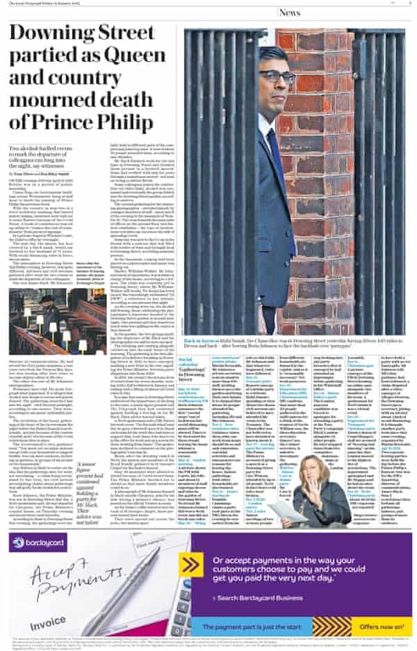 Daily Telegraph news page with the headline: Downing Street celebrated as Queen and country mourned the death of Prince Philip