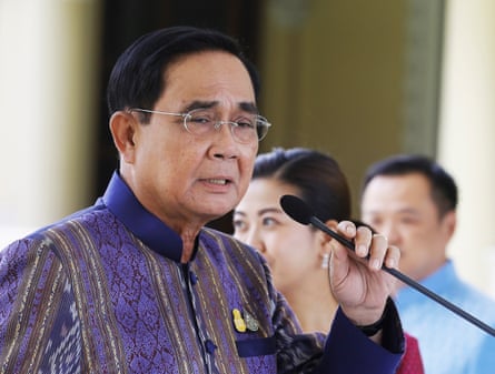 Thai caretaker prime minister Prayuth Chan-ocha speaking at a microphone