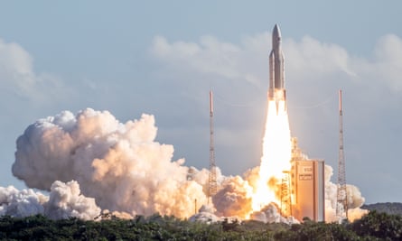 An Ariane 5 rocket with four Galileo satellites onboard lifts off from the European Space Centre in French Guiana.