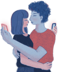 A couple, one with pink skin and the other with blue skin, embrace each other while looking at their phones