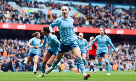 Jess Park celebrates opening the scoring in Manchester City’s recent 3-1 derby win over United in the WSL.