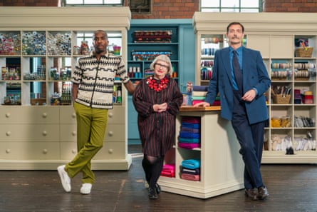 PatrickGrant with The Great British Sewing Bee host Kiell Smith-Bynoe and fellow judge Esme Young.