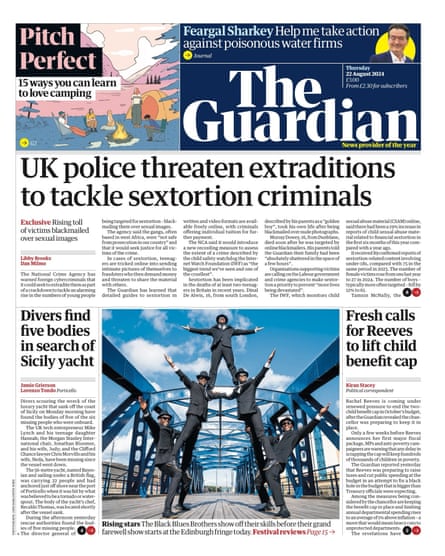 Guardian front page, Thursday 22 August 2024