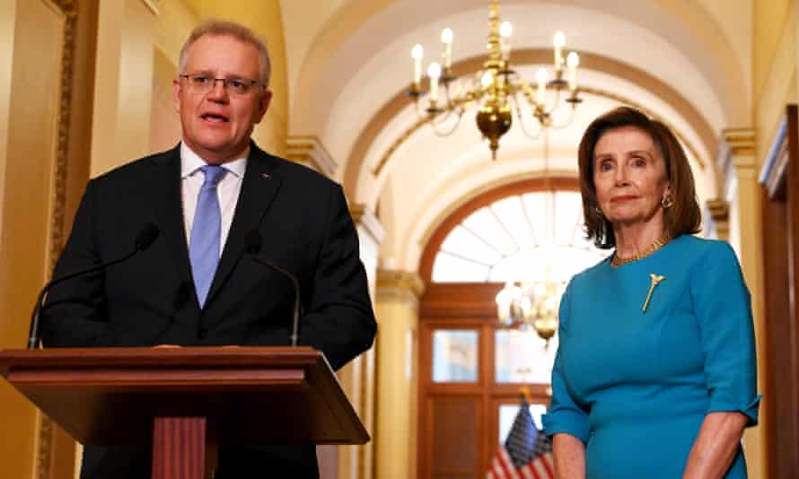 Scott Morrison with US Speaker of the House Nancy Pelosi at the US Capitol on 22 September.