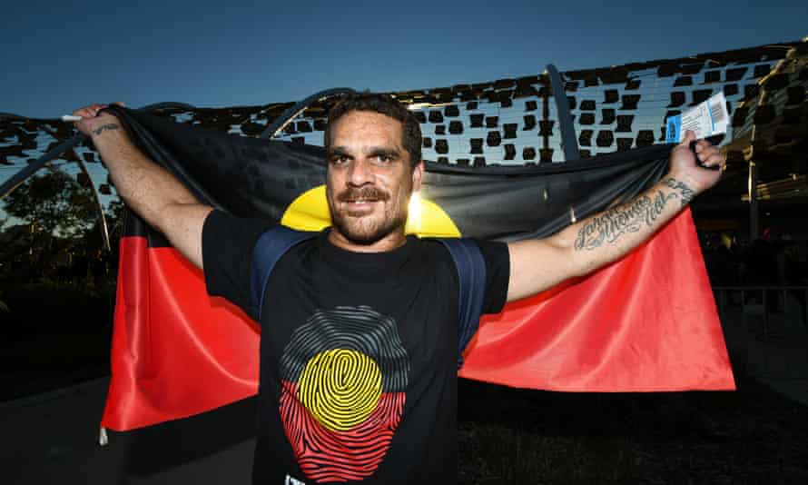 A fan in support of the Long Walk and Dreamtime match between Essendon and Richmond at Perth’s Optus Stadium.