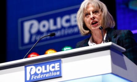 Theresa May addressing the Police Federation conference in 2014 – she announced the end of state funding of the police forces’ representative body, and said that if it did not reform itself she would pass legislation forcing it to.