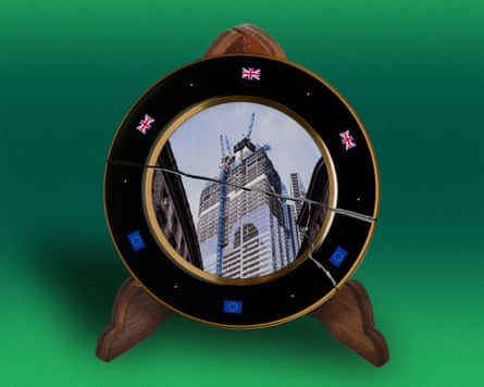 A cracked plate featuring a skyscraper
