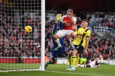 11 November 2023Leandro Trossard scores Arsenal’s first goal against Burnley at the Emirates Stadium. Arsenal won 3-1.