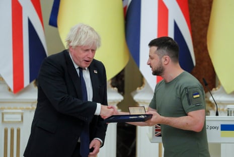 Boris Johnson receiving Ukraine’s order of liberty, the country’s highest award for foreign nationals, from the president, Volodymyr Zelenskiy, in Kyiv today.