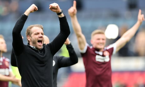 The Hearts manager, Robbie Neilson, celebrates after the Scottish Cup semi-final win against Hibernian