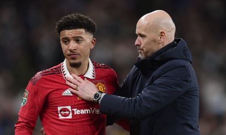 Erik Ten Hag and Jadon Sancho after the EFL Carabao Cup Final match between Manchester United and Newcastle at Wembley Stadium