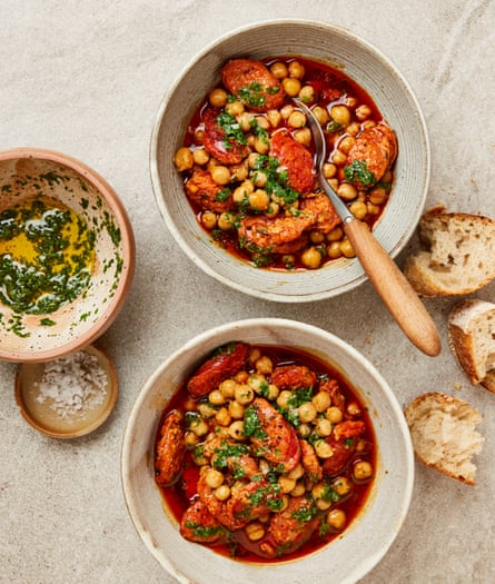 Yotam Ottolenghi’s chorizo, cider and chickpea stew with ajillo.
