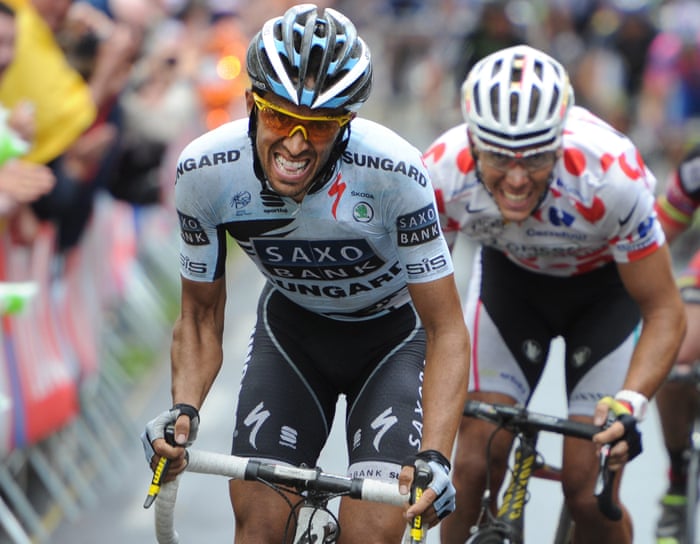 Alberto Contador and Philippe Gilbert (left).