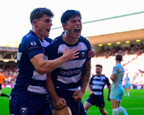 BristolâÂÂs Louis Rees-Zammit shouts in celebration after scoring his second try at Ashton Gate.