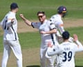 Liam Dawson celebrates taking the wicket of Tom Abell during Hampshire versus Somerset match.
