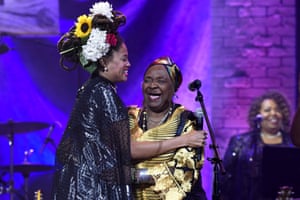 Nashville, US: Valerie June, left, hugs Carla Thomas after a performance at the Americana Honors &amp; Awards show in Tennessee