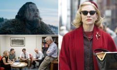 Composite of filmstills - Leonardo DiCaprio in The Revenant, Cate Blanchett in Carol and the cast of Spotlight