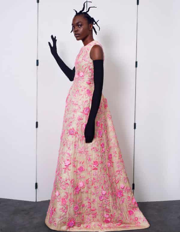 Models in Balenciaga dresses at the Paris haute couture fashion show