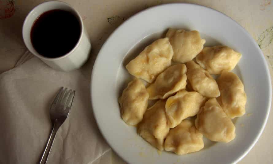 Pierogi (dumplings) and a fruit compote drink in a Krakow milk bar.