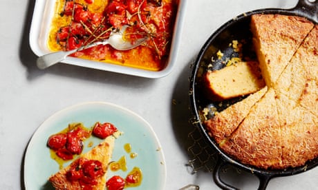 Thomasina Miers' recipe for skillet cornbread with garlicky roasted tomatoes