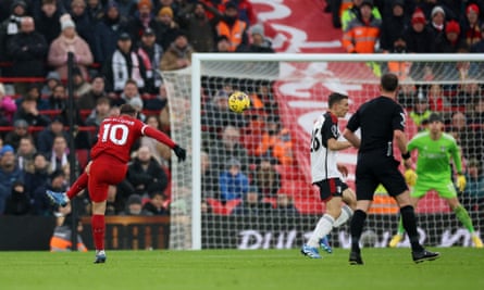 Alexis Mac Allister lets fly against Fulham at Anfield.