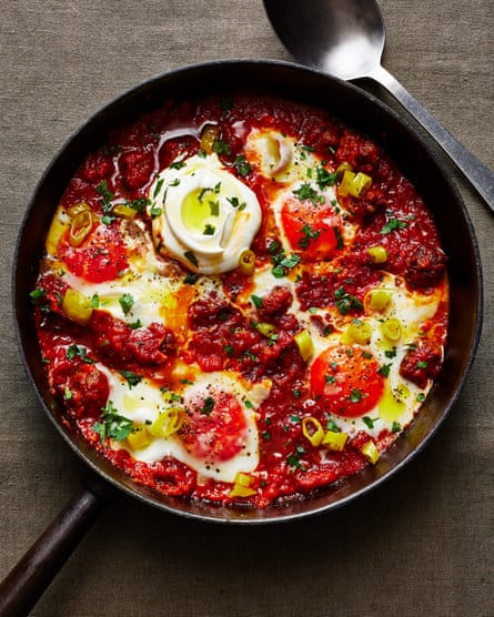 Ben Lippett’s merguez ragu and pickled peppers baked eggs.