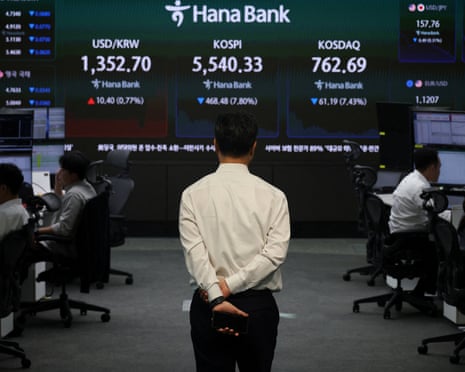 An electronic board displaying the Korea Composite Stock Price Index (KOSPI), the Korea Securities Dealers Automated Quotations (KOSDAQ) and the exchange rate between the US dollar and South Korean won today