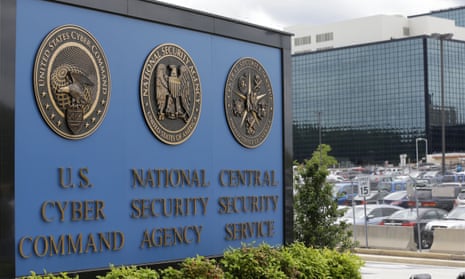 A blue sign stands outside the National Security Administration (NSA) campus.