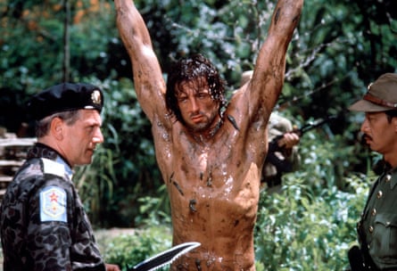 Hollywood hunter … Berkoff with Sylvester Stallone and George Cheung in Rambo: First Blood II.
