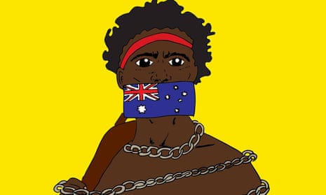 An Aboriginal man in chains with an Australian flag taping his mouth shut.