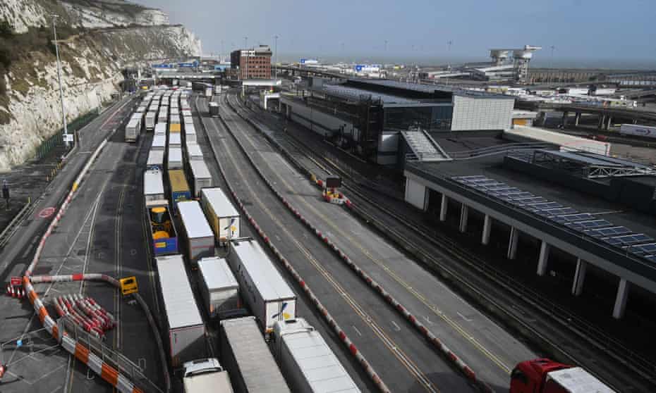 Lorries queue at the entrance of the Port of Dover, February 2022.