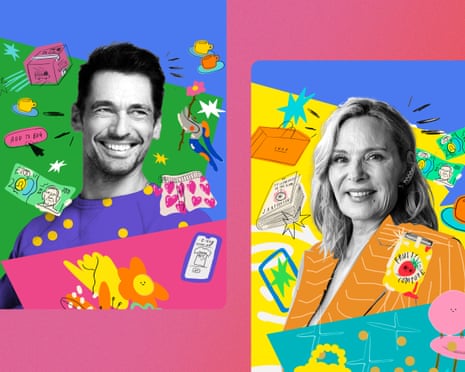 David Gandy and Kim Cattrall smile in black-and-white portraits surrounded by colorful shopping illustrations