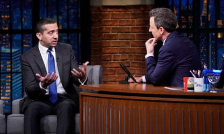 Mehdi Hasan being interviewed on Late Night with Seth Meyers in 2018