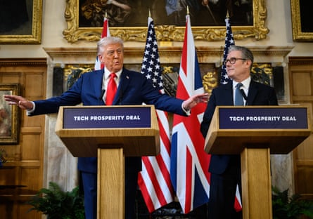 Donald Trump spreading his arms wide next to a purse-lipped Keir Starmer at side-by-side podiums