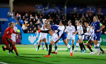 Sophie Ingle heads home to put Chelsea ahead of Real Madrid.