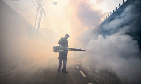 A pest control worker fumigates a street with insecticides in Jakarta in May 2024 to try to wipe out the mosquitoes that spread dengue fever.
