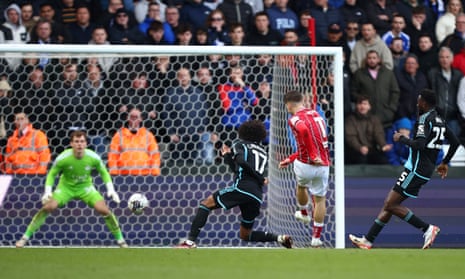 Anis Mehmeti of Bristol City thumps a shot goalwards to score the opening goal of the game against Leicester City.