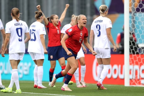 Frida Maanum of Norway celebrates after Eva Nystroem of Finland scores a own goal.
