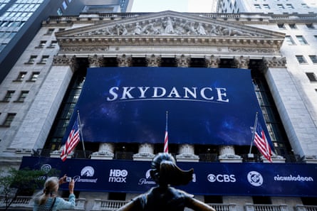 A Skydance banner hanging outside the New York stock exchange