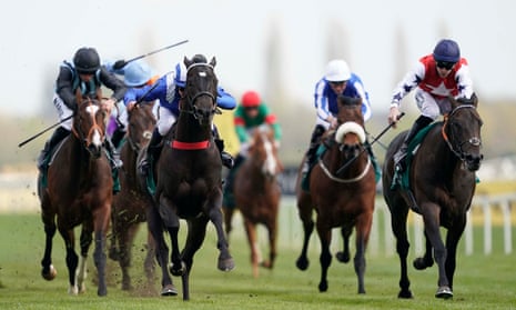 Mohaather, wearing the red breastgirth second from left, showed speed to win the Greenham at Newbury recently.