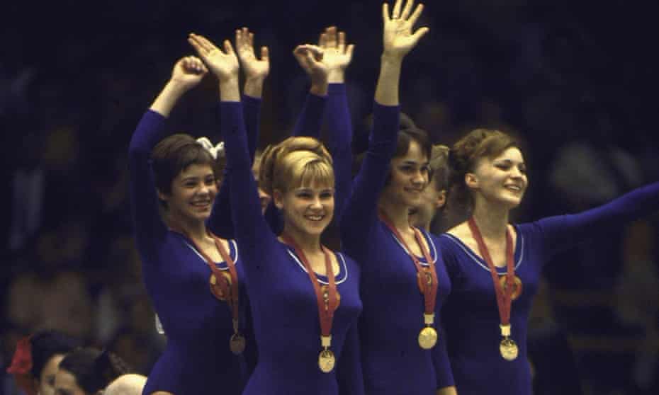 The victorious USSR women’s gymnastics team on the podium at the Mexico Olympics in October 1968