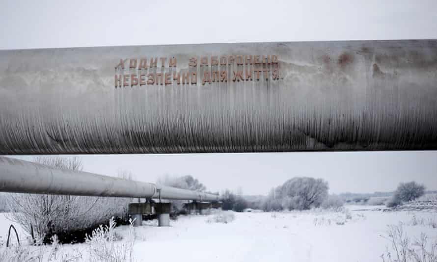 A sign warning against walking along the West Siberian Pipeline near Ivano-Frankvisk, Ukraine, which is a key route for Russia’s energy exports to Europe.