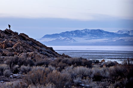 A visitor to Lady Finger Point that overlooks the lake bed of the Great Salt Lake.