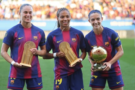 Barcelona’s award-winning trio of (from left) Ewa Pajor, Vicky López and Aitana Bonmatí