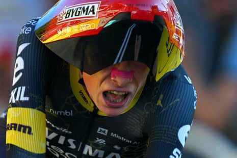 Jonas Vingegaard grimacing as he crosses the line on stage one of 2026 Tour de France