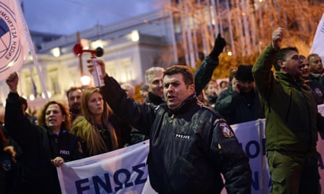 A protest rally called by police, firefighter and coastguard unions in February over pension changes forming part of Greece’s austerity measures.