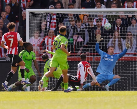 Fulham’s Bernd Leno tips over a close-range shot from Brentford’s Dango Ouattara in their 0-0 draw at the Gtech Community Stadium.