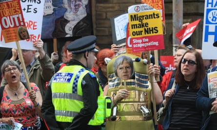 Protesters outside the venue in West Yorkshire where May launched her party’s 2017 general election manifesto.