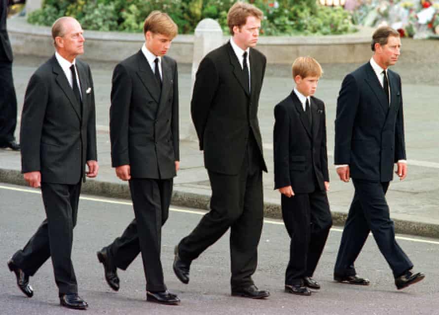 The Duke of Edinburgh, left, with Prince William, Earl Spencer, Prince Harry and the Prince of Wales at the funeral of Diana, Princess of Wales, 1997.